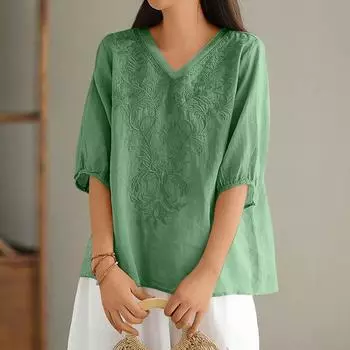 Женские однотонные винтажные свободные топы из тонкого хлопкового льна с V-образным вырезом, пуловеры L зелёный