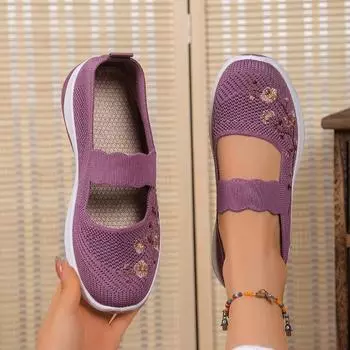 Женские однотонные вязаные кроссовки с цветочной вышивкой, легкие, с мягкой подошвой, для ходьбы, удобные, легкие, на плоской подошве 35 фиолетовый
