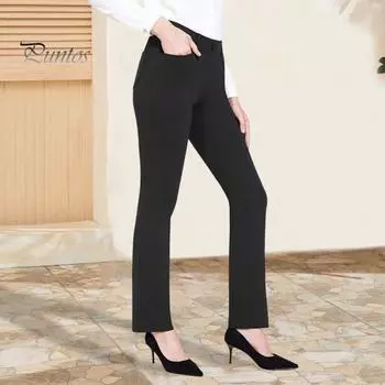 Женские офисные брюки, эластичные, с высокой талией, однотонные брюки с карманами, легкие расклешенные офисные повседневные брюки S коричневый