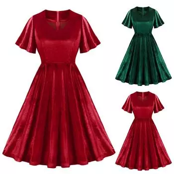 Женские осенне-зимние элегантные бархатные винтажные платья с французскими рукавами, рождественские платья L темно-зеленого