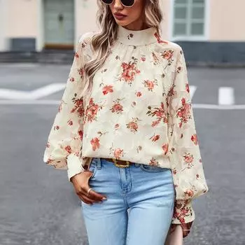 Женские осенне-зимние элегантные свободные блузки с длинными рукавами и высоким воротом, рубашки с принтом, топы S зелёный