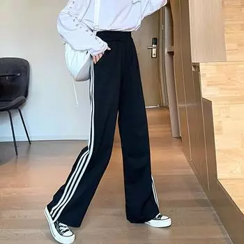Женские осенне-зимние большие размеры, свободные однотонные брюки, спортивные спортивные штаны, широкие брюки S чёрный