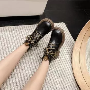 Женские осенне-зимние ботинки с утеплителем спереди, шнуровкой, толстой подошвой, короткие ботинки в английском стиле 37 чёрный