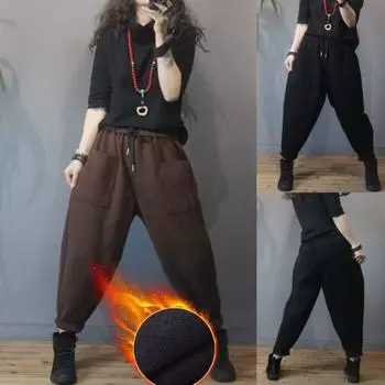 Женские осенне-зимние брюки больших размеров, утолщенные, повседневные, свободные, со стою карманами, теплые, удобные 3XL