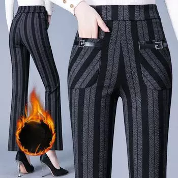 Женские осенне-зимние брюки больших размеров с утолщением и эластичностью, узкие расклешенные брюки с высокой талией, узкие брюки в тонкую клетку, повседневные удобные брюки для улицы 4XL