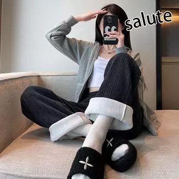 Женские осенне-зимние брюки большого размера из плотного прямого покроя вельветовые широкие брюки свободного покроя S