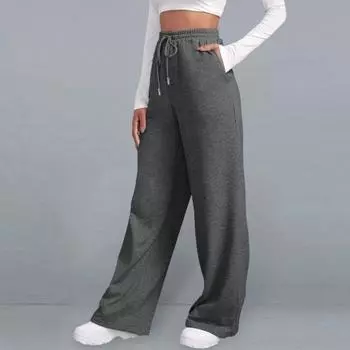 Женские осенне-зимние брюки с эластичной резинкой на талии и широкими штанинами, свободные мягкие однотонные карманы с высокой талией, мягкие дышащие спортивные брюки полной длины M чёрный