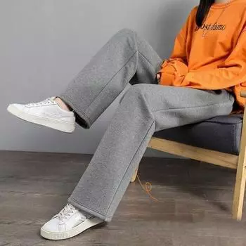 Женские осенне-зимние брюки с флисовой подкладкой, эластичные прямые широкие брюки с высокой талией, однотонные свободные длинные брюки L чёрный