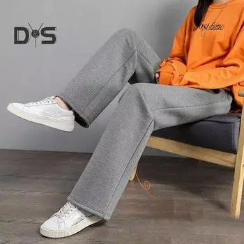 Женские осенне-зимние брюки с флисовой подкладкой, эластичные прямые широкие брюки с высокой талией, однотонные свободные длинные брюки M серый