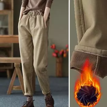 Женские осенне-зимние брюки-шаровары, утолщенные плюшевые облегающие брюки, однотонные, с эластичной резинкой на талии, мягкие теплые карманы с высокой талией, женские длинные брюки до щиколотки M хаки