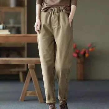 Женские осенне-зимние брюки-шаровары, утолщенные плюшевые облегающие брюки, однотонные, с эластичной резинкой на талии, мягкие теплые карманы с высокой талией, женские длинные брюки до щиколотки XL чёрный