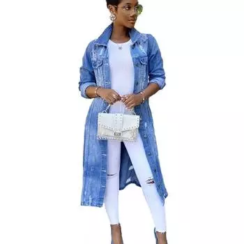 Женские осенне-зимние джинсовые плащи с рваными джинсовыми длинными куртками на пуговицах S синий