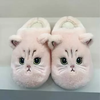 Женские осенне-зимние хлопковые тапочки - милый дизайн с котятами, вышитая пушистая домашняя обувь 44-45 (fits 42-43) коричневый