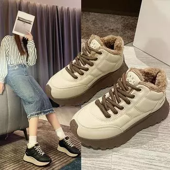 Женские осенне-зимние кроссовки с толстой подошвой, увеличивающие рост, пушистые теплые низкие кроссовки со шнуровкой спереди 40