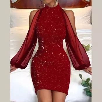 Женские осенне-зимние кружевные платья с длинным рукавом и круглым вырезом до бедер и талии S