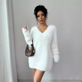 Женские осенне-зимние модели с V-образным вырезом, свободные, напускные платья-свитера из трикотажного пуловера L синий