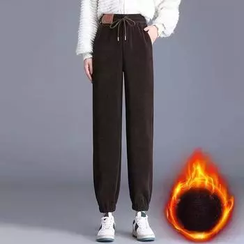 Женские осенне-зимние модные элегантные однотонные эластичные талии с карманами и шнурком из плюша, утолщенные длинные свободные повседневные брюки-харлан S чёрный