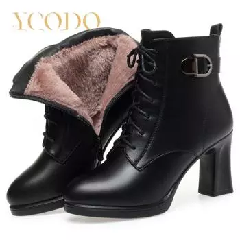 Женские осенне-зимние модные кожаные сапоги на высоком каблуке с короткими плюшевыми принтами 41 чёрный