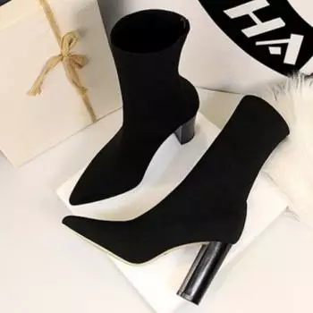 Женские осенне-зимние модные новые стильные женские сапоги в европейском и американском стиле, простые шерстяные короткие сапоги на высоком толстом каблуке и высоком каблуке 43 чёрный