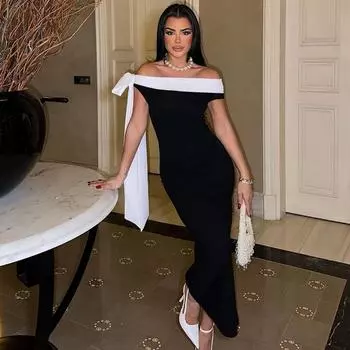 Женские осенне-зимние модные одно плечо с плавающим поясом, тонкие однотонные вечерние платья S чёрный