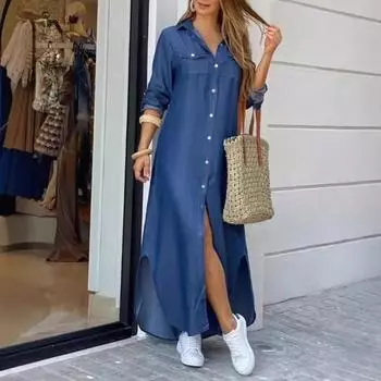 Женские осенне-зимние модные сексуальные платья-рубашки с длинными рукавами S синий
