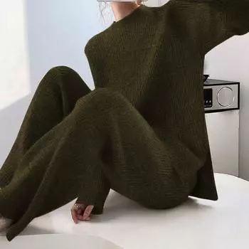 Женские осенне-зимние модные свободные трикотажные комплекты из брюк, повседневные однотонные трикотажные свитера с длинными рукавами, широкие брюки, комплекты из двух предметов S чёрный