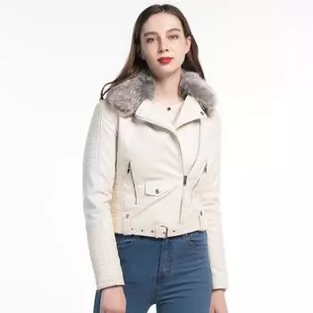 Женские осенне-зимние мотоциклетные и байкерские кожаные куртки, пальто, верхняя одежда, теплый воротник из искусственного отложного меха, однотонный, белый, черный, розовый, S-XL S чёрный