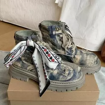 Женские осенне-зимние новые короткие ботинки с толстой подошвой и дышащими лентами, толстые спортивные ботинки с квадратным каблуком, джинсовые мотоциклетные туфли 35 серый