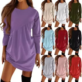 Женские осенне-зимние новые однотонные платья-футболки с длинным рукавом и круглым вырезом с асимметричной складкой L армия зеленый