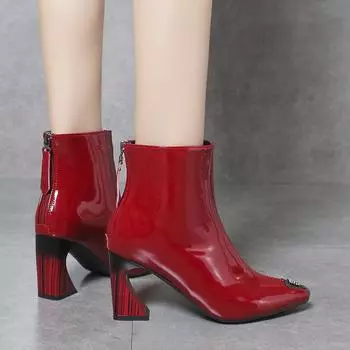 Женские осенне-зимние новые сапоги из хлопковой кожи с молнией сзади на каблуках из дерева на высоком каблуке 34