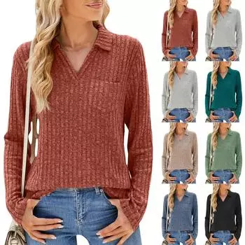 Женские осенне-зимние новые свободные футболки с длинными рукавами и карманами с лацканами и топами L чёрный