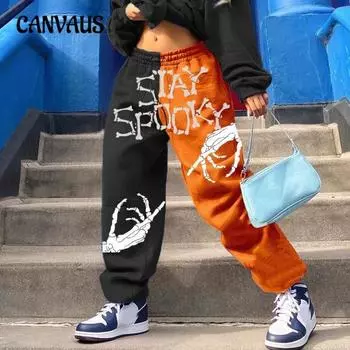 Женские осенне-зимние новые уличные хипстерские свободные спортивные брюки Haren черного оранжевого цвета с принтом, повседневные брюки S костяной