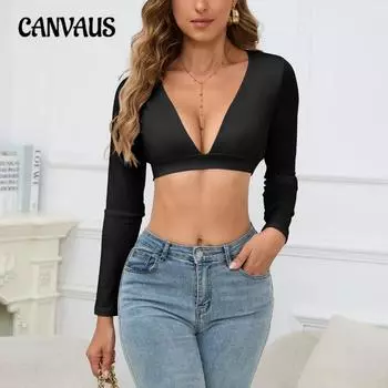 Женские осенне-зимние новые узкие модные сексуальные топы с длинными рукавами и V-образным вырезом XS чёрный