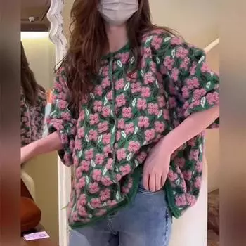 Женские осенне-зимние новые вышитые цветочные вязаные куртки женские свитера с длинным рукавом пальто женские свободные кардиганы пальто One Size зелёный