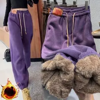 Женские осенне-зимние новые защитные брюки с бархатными спортивными штанами, свободные теплые хлопковые брюки из овечьего флиса M коричневый