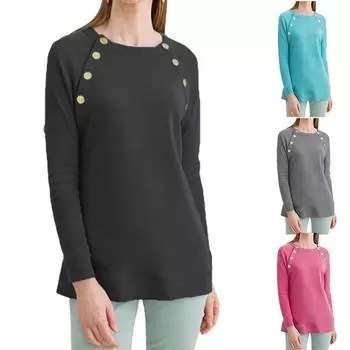 Женские осенне-зимние однотонные однотонные повседневные топы с длинными рукавами и круглым вырезом на пуговицах M чёрный