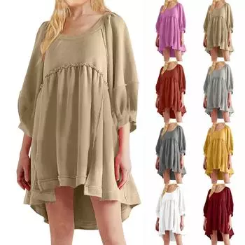 Женские осенне-зимние однотонные свободные платья с круглым вырезом и семью рукавами XXXL