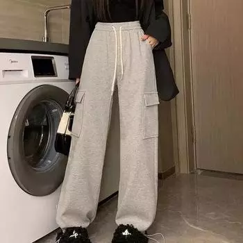 Женские осенне-зимние однотонные свободные рабочие брюки с высокой талией, весенние повседневные спортивные брюки с завязками 2XL чёрный