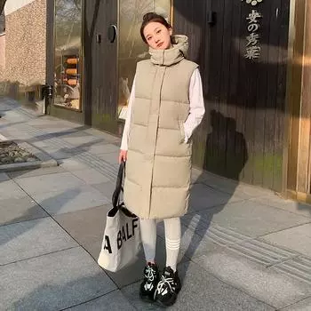 Женские осенне-зимние однотонные свободные универсальные теплые хлопковые куртки с капюшоном без рукавов и карманами на молнии L армия зеленый