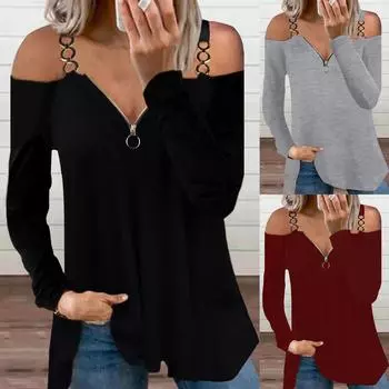 Женские осенне-зимние однотонные топы с v-образным вырезом на молнии без бретелек с металлической пряжкой и длинными рукавами L чёрный