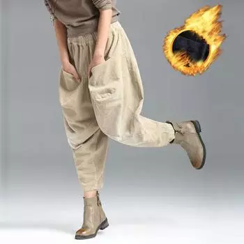 Женские осенне-зимние однотонные вельветовые брюки с подкладкой, свободные повседневные брюки с карманами 2XL чёрный