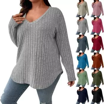 Женские осенне-зимние однотонные женские топы больших размеров с V-образным вырезом и длинными рукавами в полоску, свободный пуловер, футболка XXXL синий