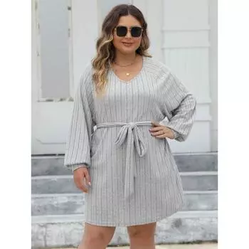 Женские осенне-зимние платья больших размеров в полоску с V-образным вырезом, повседневные, простые платья L армия зеленый