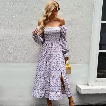 Женские осенне-зимние платья с квадратным воротником и длинным рукавом с цветочным принтом S-XL S чёрный