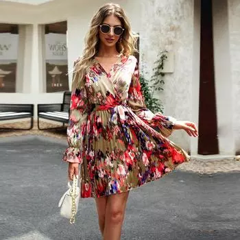 Женские осенне-зимние платья с v-образным вырезом и рукавами-фонариками на шнуровке, универсальные элегантные платья с цветочным принтом S синий