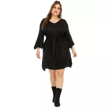Женские осенне-зимние платья-свитера с расклешенными рукавами и завязками на талии XL чёрный