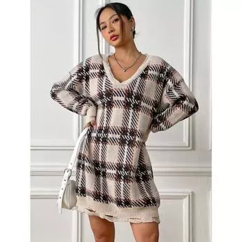 Женские осенне-зимние плотные клетчатые повседневные платья с длинным рукавом в контрастных цветах One size абрикосовый