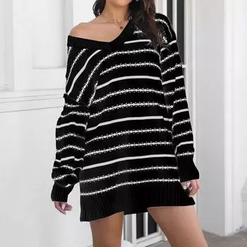 Женские осенне-зимние полосатые трикотажные платья-свитера с V-образным вырезом и длинными рукавами S белый