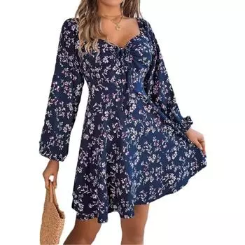 Женские осенне-зимние повседневные платья-трапеции с квадратным вырезом и цветочным принтом, с длинными рукавами S темно-синий