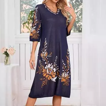 Женские осенне-зимние повседневные свободные платья большого размера с объемными цветами S синий
